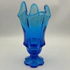 Vtg Fenton Colonial Blue Valencia Swung Vase Ruffle Edge Footed Art Glass 7.25"