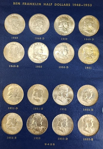 1948 - 1963 Franklin Half Dollars Complete Set 35 Coins In Whitman Album AU / BU
