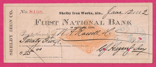 Shelby Iron Co. SHELBY IRON WORKS ALABAMA Cancelled Check 1882 - C. J. Hazard