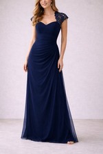 XSCAPE Navy Blue Formal Maxi Dress 14P Petite Lace Cap Sleeve Prom Bridesmaid