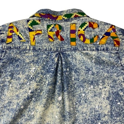Africa Graphic Denim Shirt Womens 3X Acid Wash Distressed Oversized Shirt Jacket
