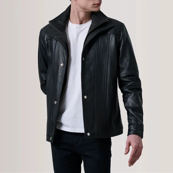 Forest Green Genuine Leather Jacket Classic Casual Winter Coat Button Front - product detail image 6