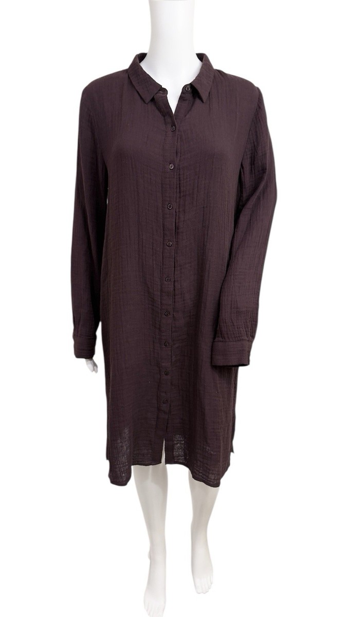 Eileen Fisher Organic Cotton Gauze Shirt Dress M Button Front Cassis  Burgundy