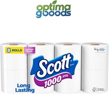 Scott 1000 Toilet Paper 8 Rolls, 1-Ply Septic Safe Bath Tissue Bulk Pack.