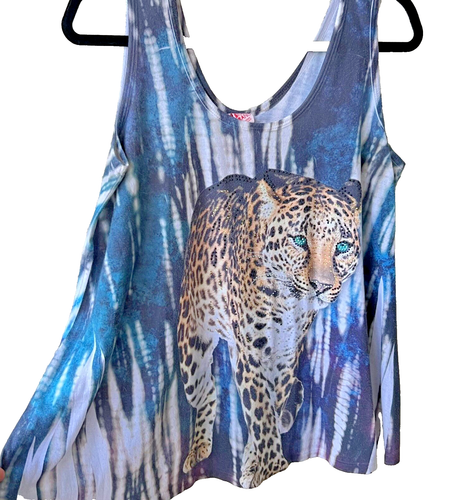 Women's Big Bang - Blue and White Tie Dye Jeweled Leopard Print Sleeveless Tank