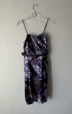 Catherine Malandrino Size P Abstract Purple Print Belted Dress Pockets 100% Silk