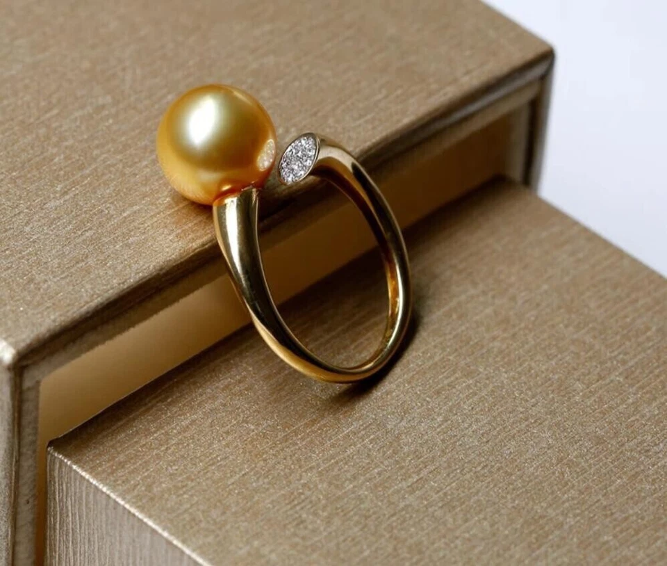 ENORME ANILLO DE PERLAS REDONDAS DORADAS 925S de diseñador AAA+10-11 mm del Mar del Sur Foto 2 de 3