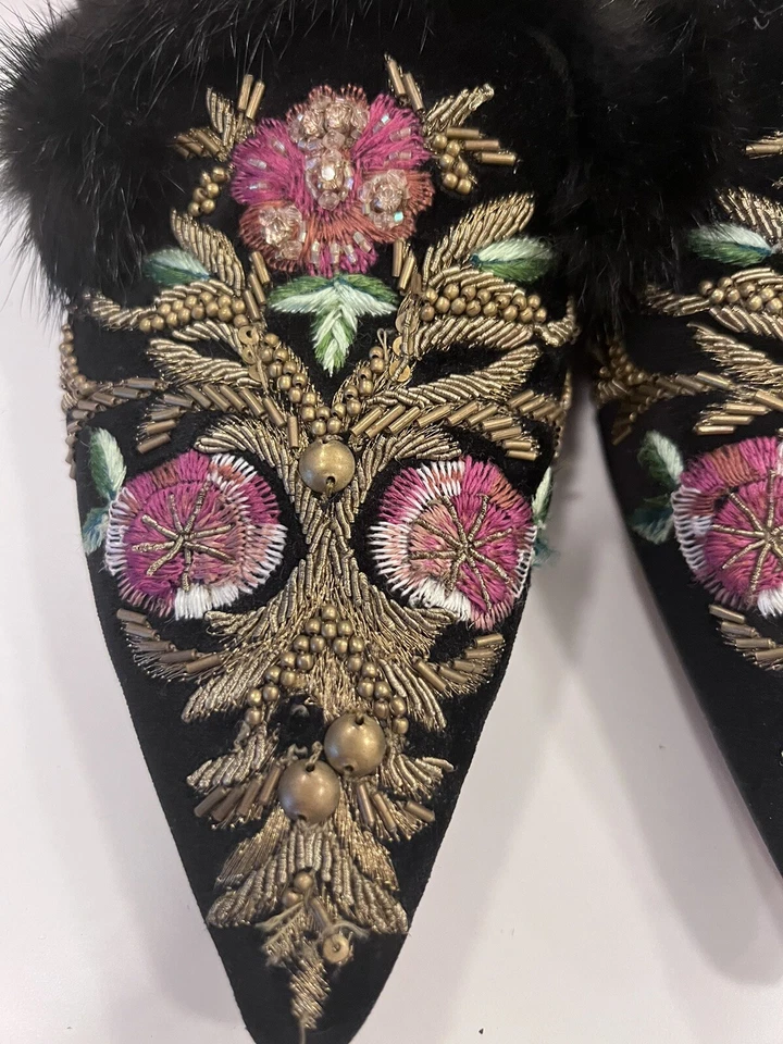 ALBERTA FERRETI Adornado Bordado Terciopelo Piel Recortada Planos Talla 9 EE. UU. 39 UE Foto 3 de 4