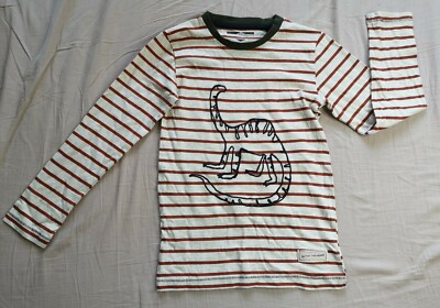 NEXT Jungen Langarm-T-Shirt weiß Dinosaurier gestreift 6-7 Jahre - top gebraucht