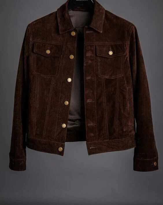 Brown Men's Suede Leather Jacket Trucker Style Real Suede Leather Shirt Jacket