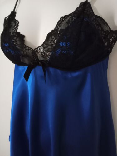NEW In Bloom by Jonquil Women's Lg Babydoll Pj's Lingerie Blue Satin Black Lace
