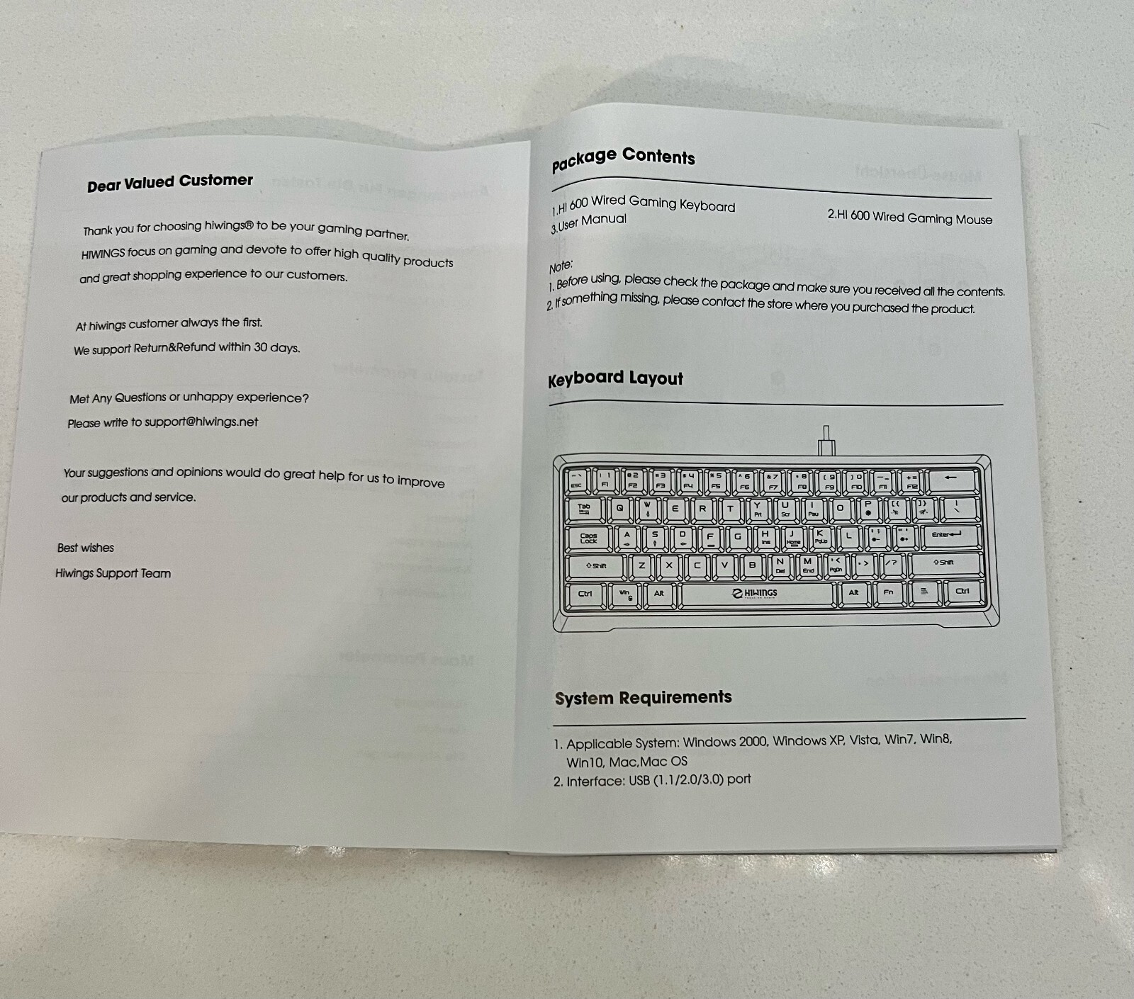 HIWINGS New HI 600 Gaming Keyboard and Mouse Kit, New in Opened box.