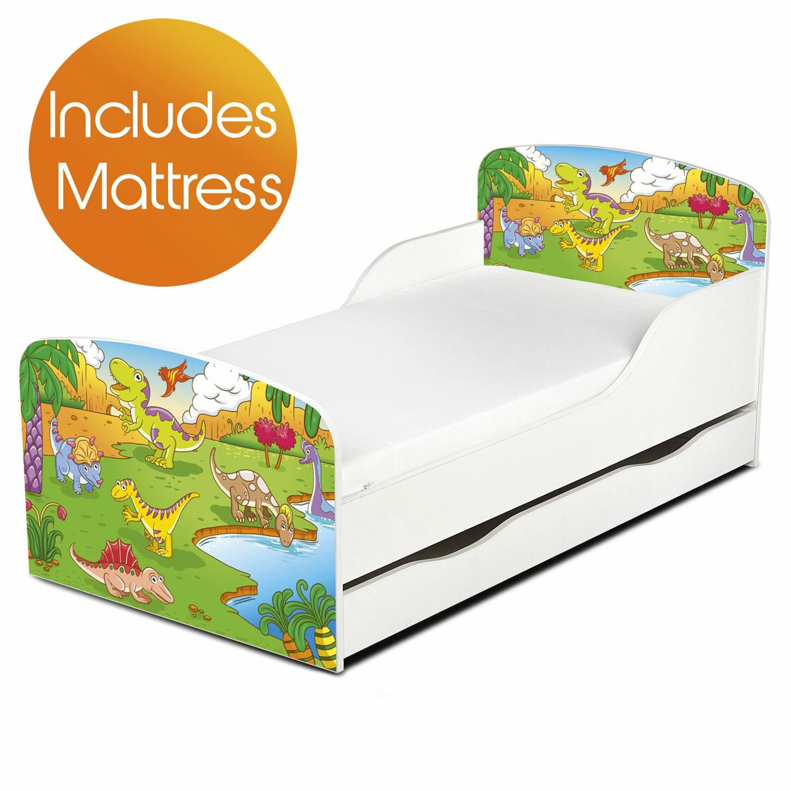 Dinosaur Jungle Toddler Cotbed With Storage Drawers & Fibre Mattress