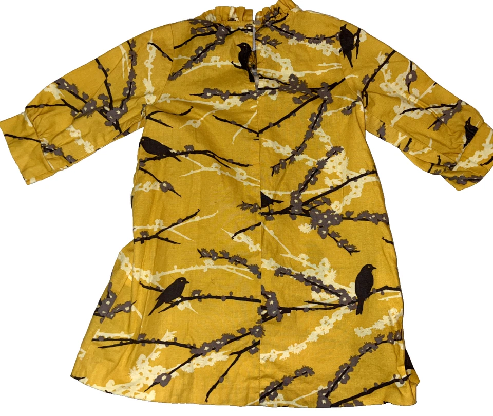 KELLY’S KIDS Girls Dress Mustard Yellow Dress Birds Mock Ruffle Neck SZ 4 5 - Image 2 of 4