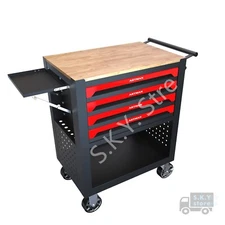 Heavy Duty Mechanics Tool Cart, 4 Drawers, WOODEN TOP Cabinet WITH WHEELS, Black