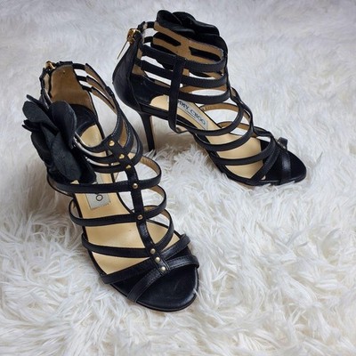 JIMMY CHOO Sandalen schwarz Leder Riemchen Blumenakzent Größe 34 EU 22cm Absa...