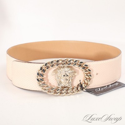 Versace Made in Italy Blush Nude Genuine Snakeskin Chained Gold Medusa Belt 34