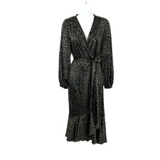 Express Silky Wrap Dress Ruffled Midi Green Leopard S- Old Money