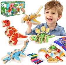 Dinosaur Wooden Toys,Snap on Dino Together Building Blocks,Take Apart Playset, S