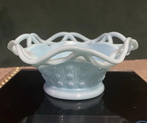 Vintage Imperial Glass Light Blue Milk Glass Lacy Bowl