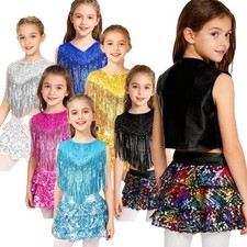 Girls 2 Piece Latin Dance Costume Cha Cha Style Fringe Top with Sequins Skirt