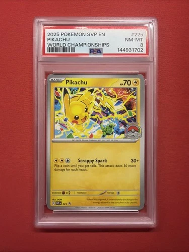 2025 POKEMON SVP EN-SV BLACK STAR PROMO WORLD CHAMPIONSHIPS #225 PIKACHU PSA 8