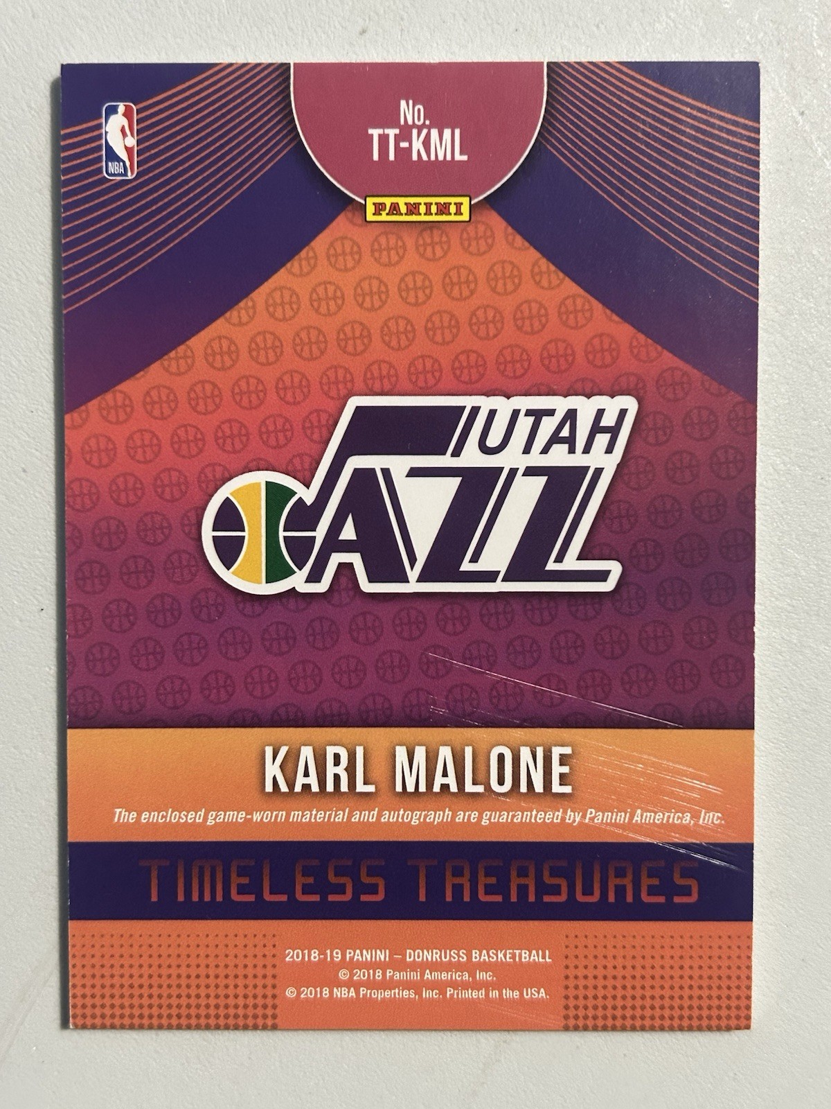 2018-19 Donruss Karl Malone Timeless Treasures 10/10 Patch Auto Game Worn TT-KML view 2