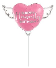 Pink Happy Heavenly Birthday Heart Balloon on a Stick with Angel Wings   M