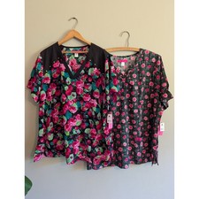 Lot of 2 Koi Betsey Johnson Scrub Tops 3X Floral Plaid V-Neck Medical NWT