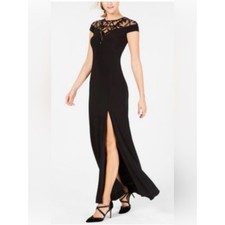Adrianna Papell Black Lace Yoke Maxi Dress with Front Slit