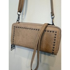 Taupe Faux Leather Studded Crossbody Wallet Purse Wristlet Detachable Strap