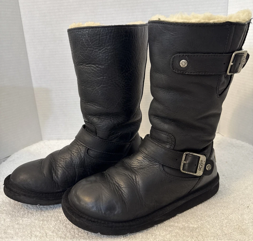 UGG Womens Kensington Black Leather Buckle Sheepskin Mid Moto Boots Size 7 5678 - Image 3 of 4