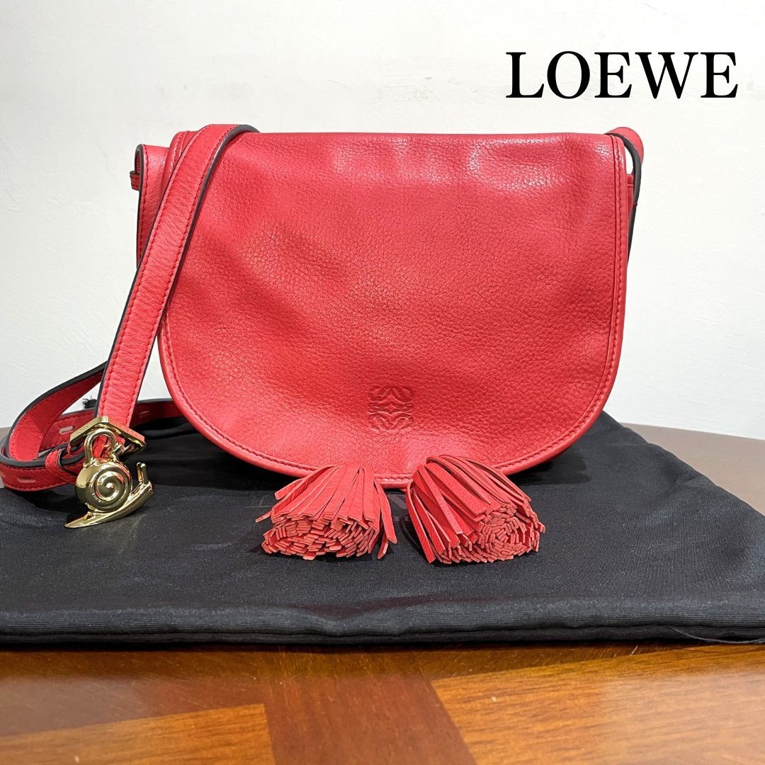 Rare LOEWE Anagram Shoulder Bag Pochette Tassel Fringe Leather Red Snail Charm F