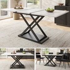 Extendable Dining Table with Steel Base & Marble Effects Top For 6 to 8 People