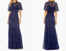 MAC DUGGAL Navy Beaded Floral 3D Appliqu Embellished Tulle Capelet Maxi Gown 16