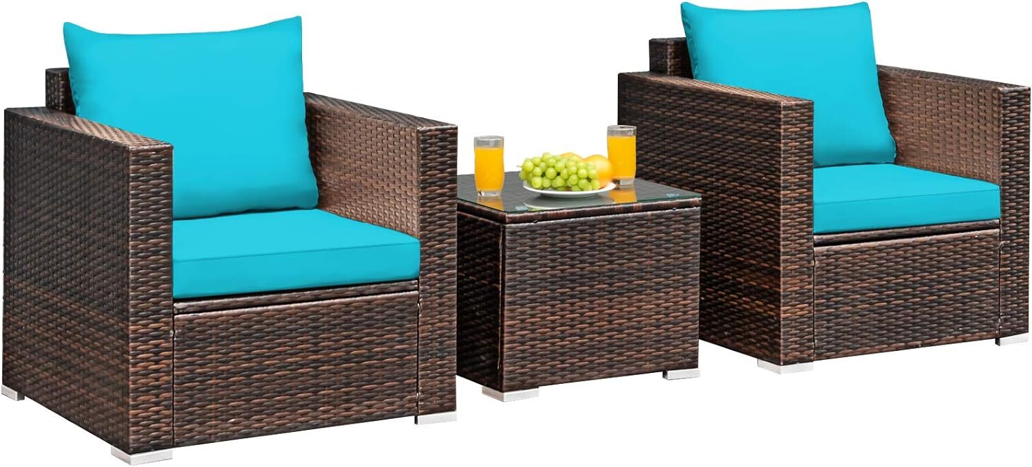 3PCS Patio Rattan Furniture Set Conversation Sofa Cushioned Turquoise