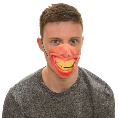 Latex Halbmaske großes Grinsen riesige gelbe Zähne gruselig Clown Halloween Kostüm