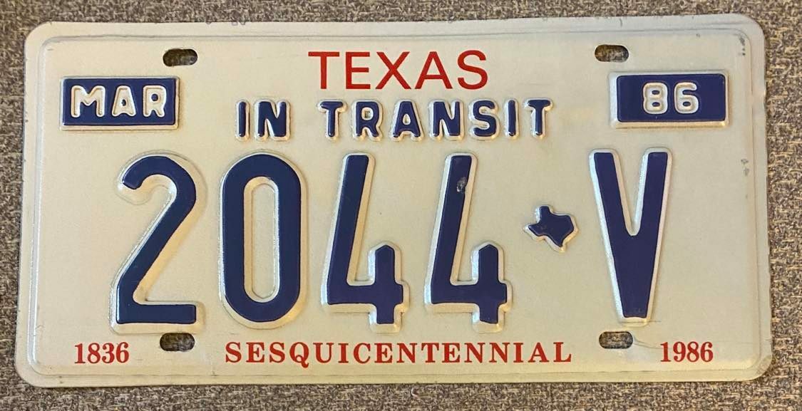Texas 1986 IN TRANSIT SESQUICENTENNIAL License Plate # 2044-V | eBay