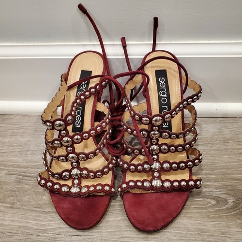 Sergio Rossi Elettra Studded Suede Block Heel Sandals In Cherry Red Size EU 36.5 - Picture 2 of 7