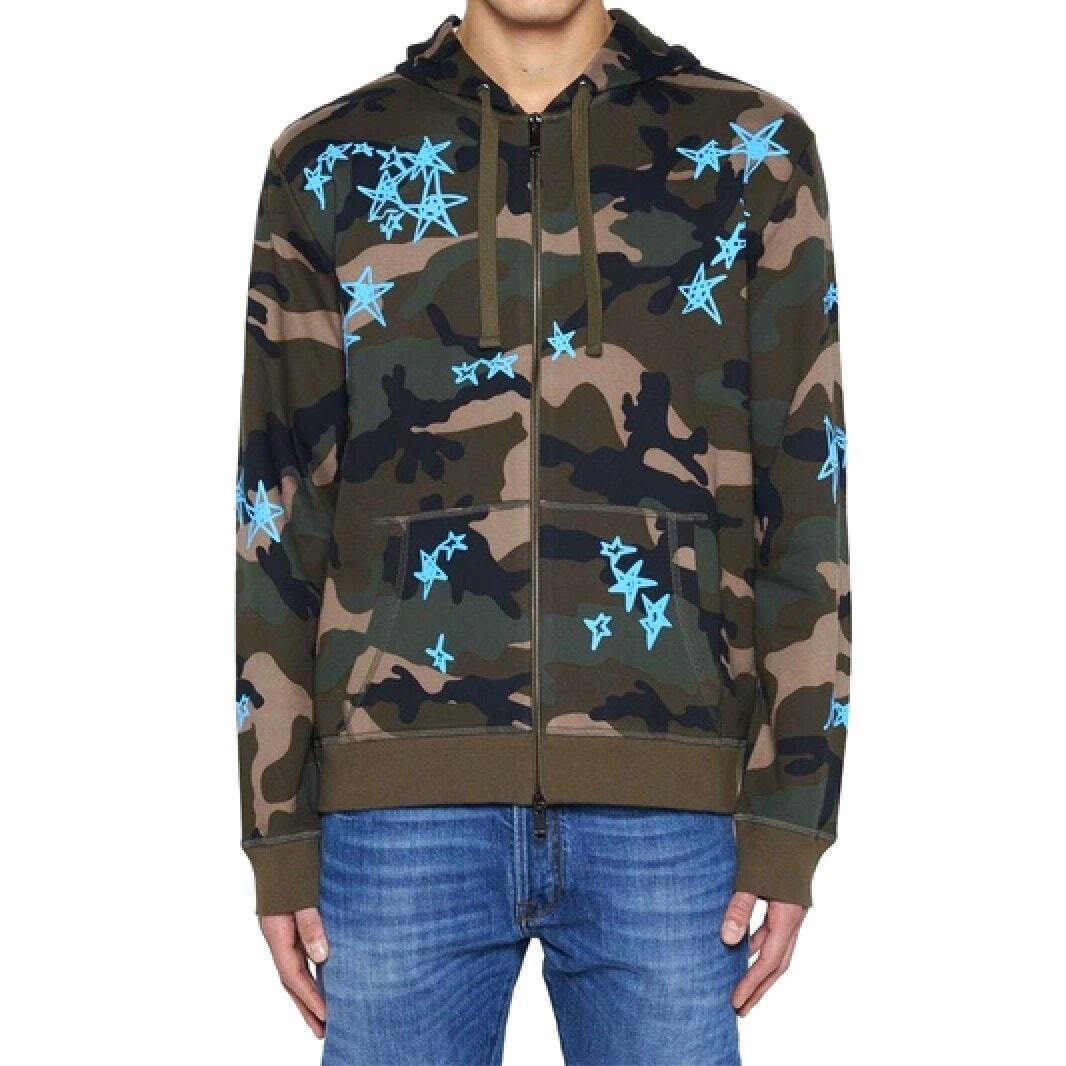 Valentino Army Green Black Tan Camo Print Bright Blue Stars Front 