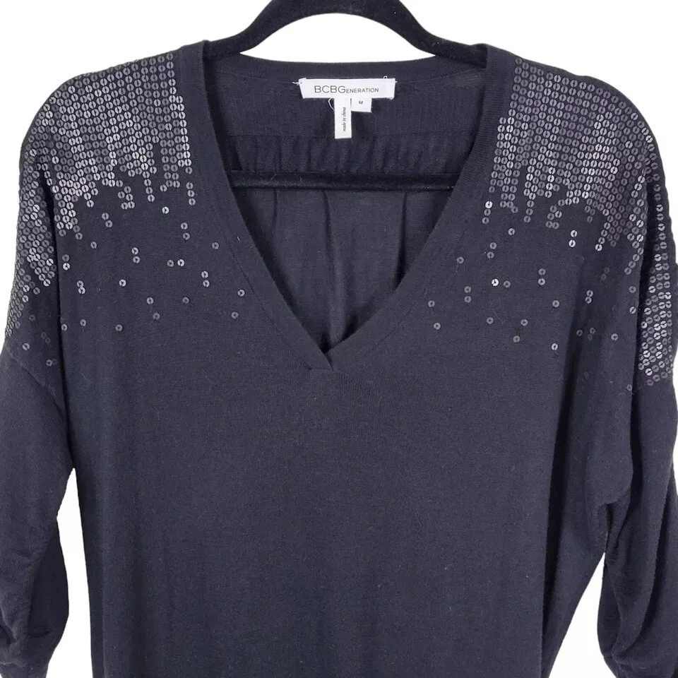 Vestido ceñido al cuerpo BCBGeneration talla M negro lentejuelas Dolman lengüeta enrollable mangas acanaladas Foto 3 de 4