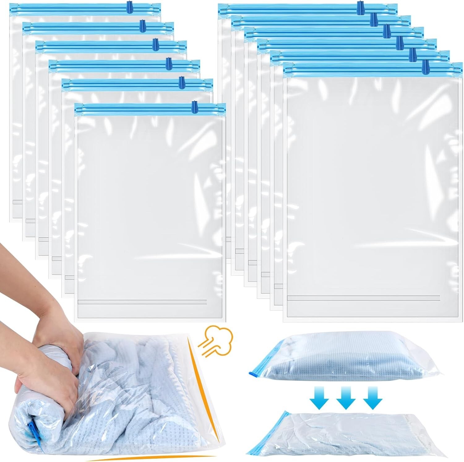 12 Pack Travel Compression Bags, No Vacuum Needed, Space Saving for Suitcases