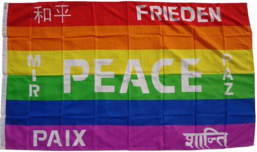  Drapeau Peace 7 langues 90 x 150 cm avec œillets drapeau sifflé drapeau paix arc-en-ciel  - Photo 1/1