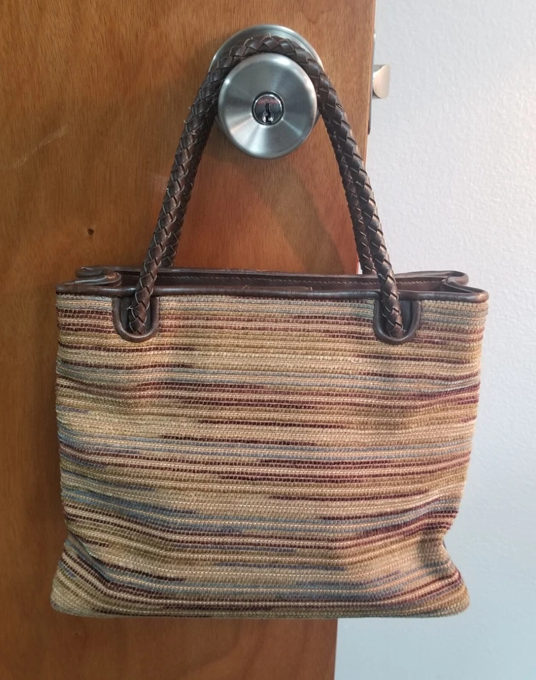 RELIC Brown Striped Corduroy Fabric Braided Leather Top Handles Handbag Purse - Image 2 of 4