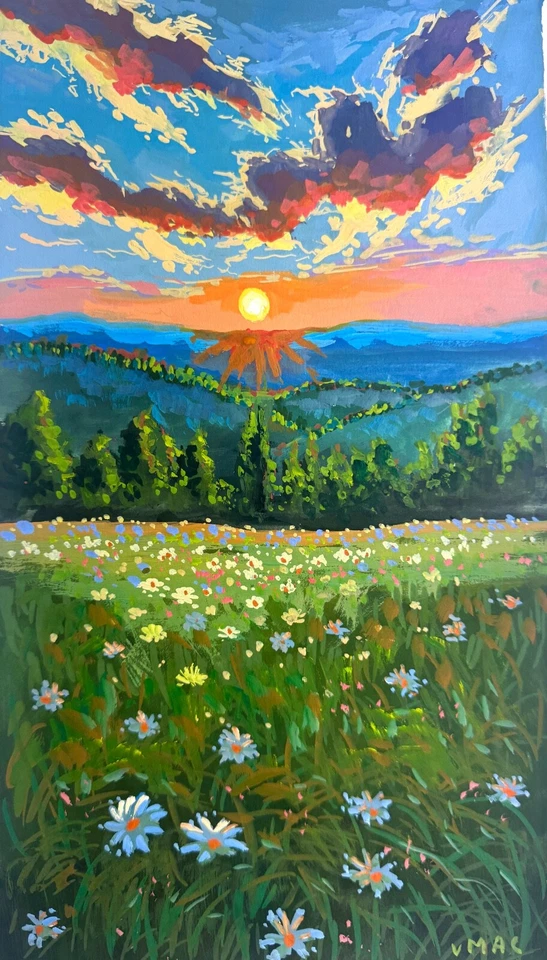 Pintura de paisagem original assinada impressionismo pôr do sol flores arte de parede floral - Imagem 2 de 2