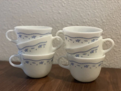 6  Pyrex Blue Flowers Coffee Tea Cups With Saucers Milk Glass