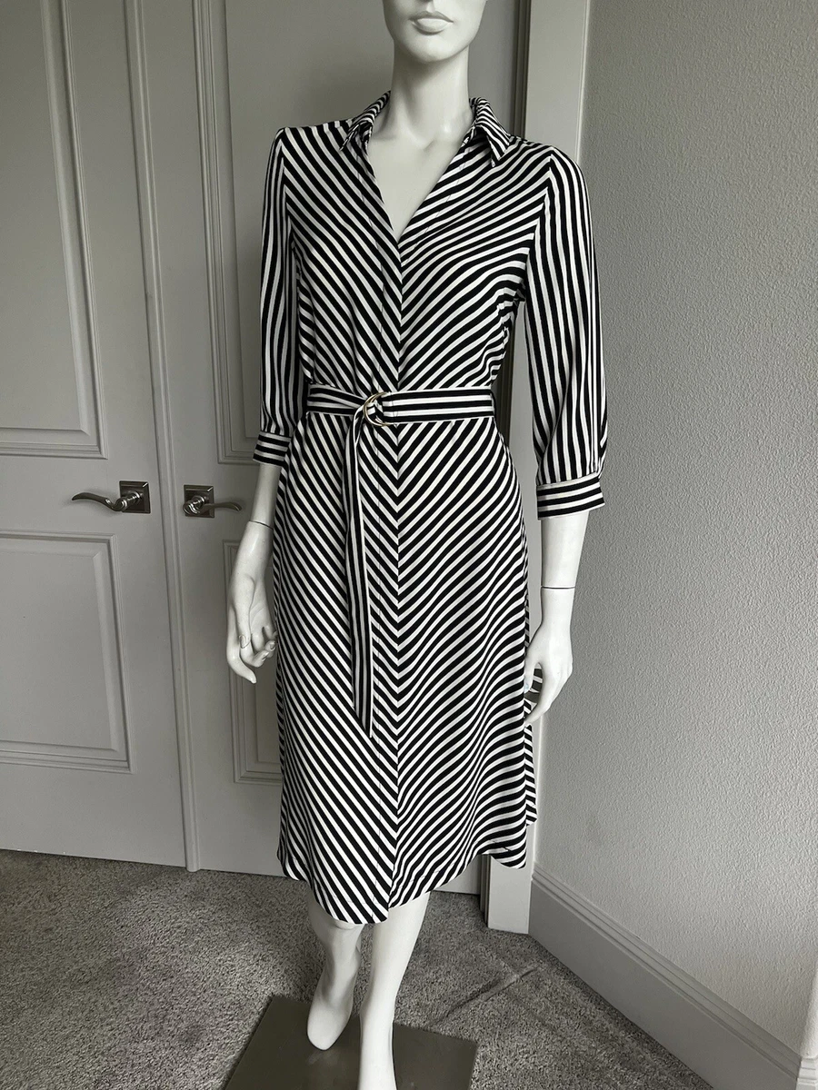 H&M Womens Black White Striped 3/4 Sleeve Button Down Belted Midi Dress Sz 4