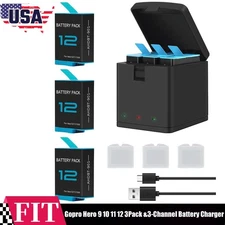 3Pack Hero 12 Battery &3-Channel Battery Charger For Gopro Hero 9 10 11 12 New