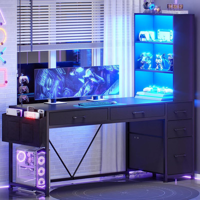 SEDETA Computer Gaming Desk with 5 Drawers and Bookshelf, Reversible Home Office
