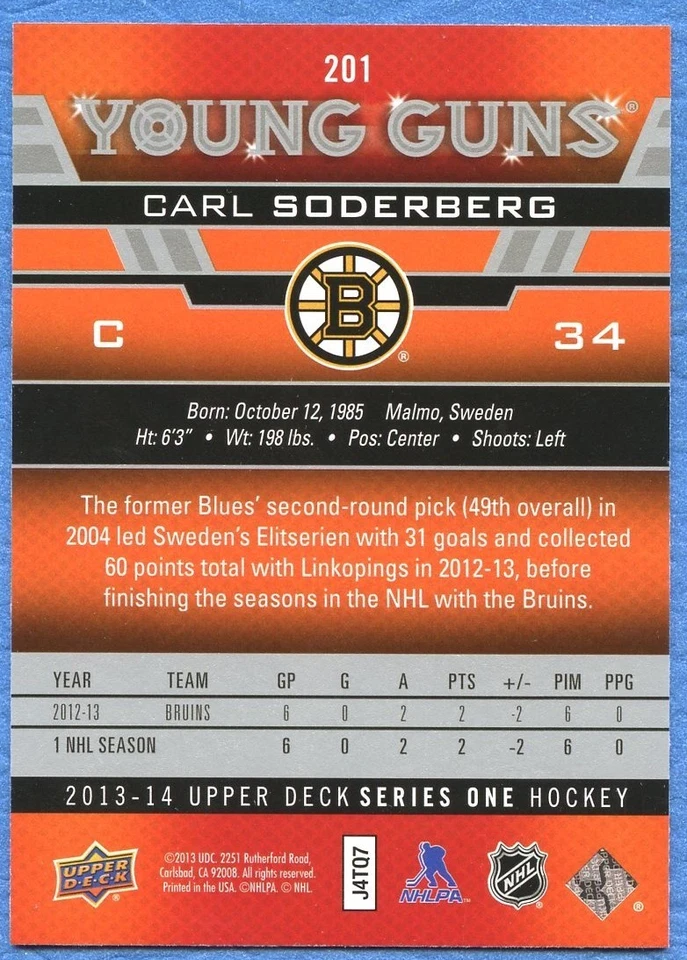 CARL SODERBERG 2013-14 UD SERIES 1 YOUNG GUN #201 BOSTON BRUINS - Image 2 of 2